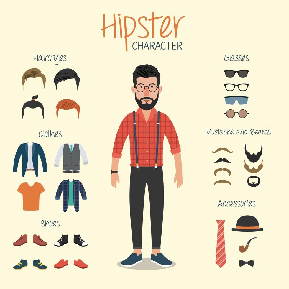 Hipster Character with Hipster Elements vector