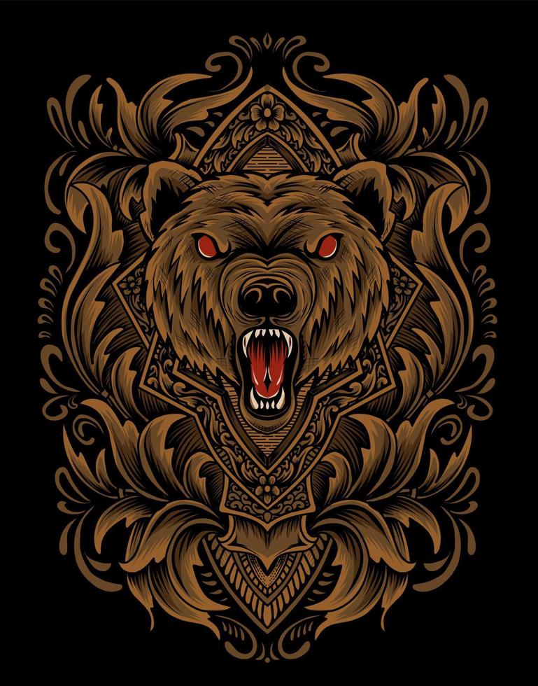 Ilustración cabeza de oso enojado con adorno grabado vintage vector