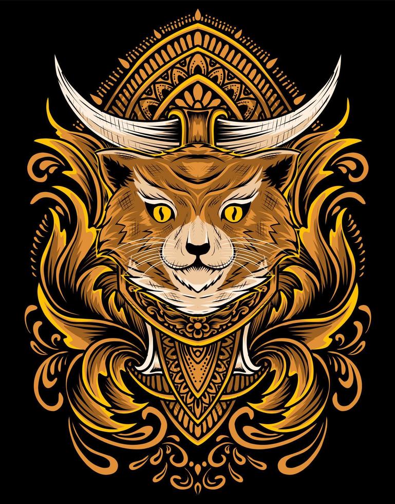 Illustration cat head with vintage engraving ornament vector