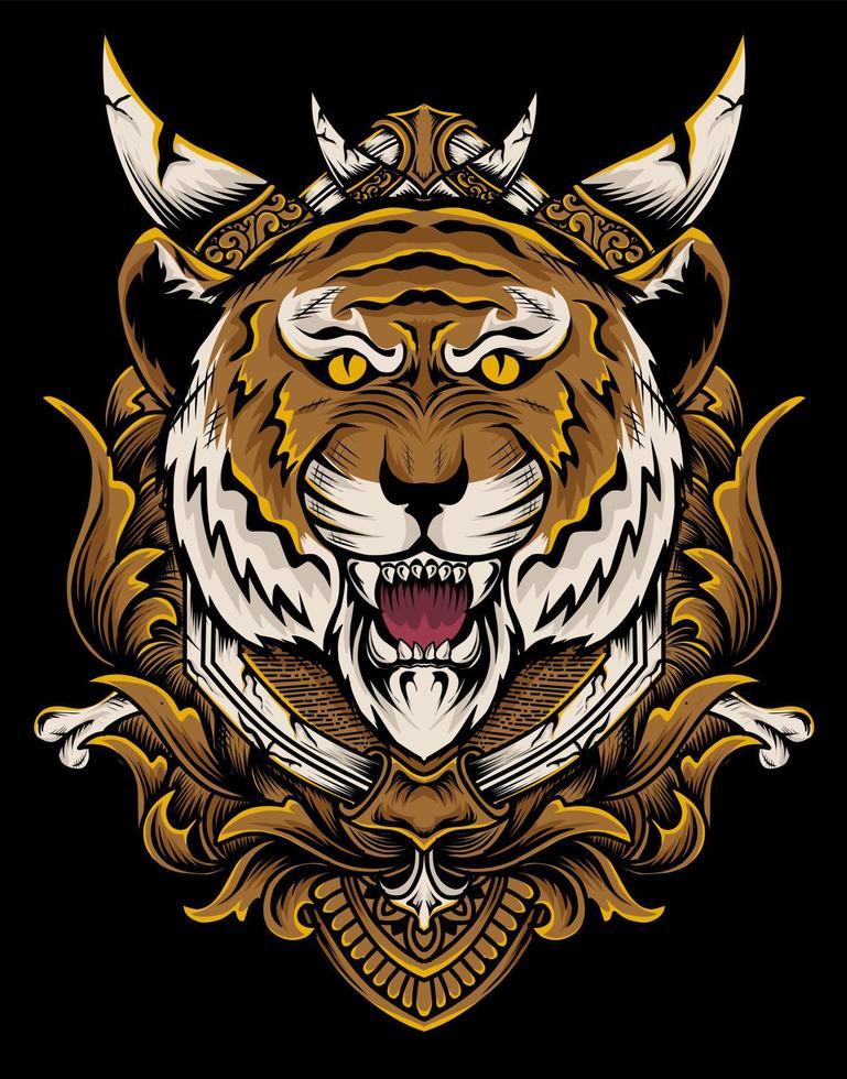 ilustración, cabeza de tigre, con, vendimia, grabado, ornamento vector