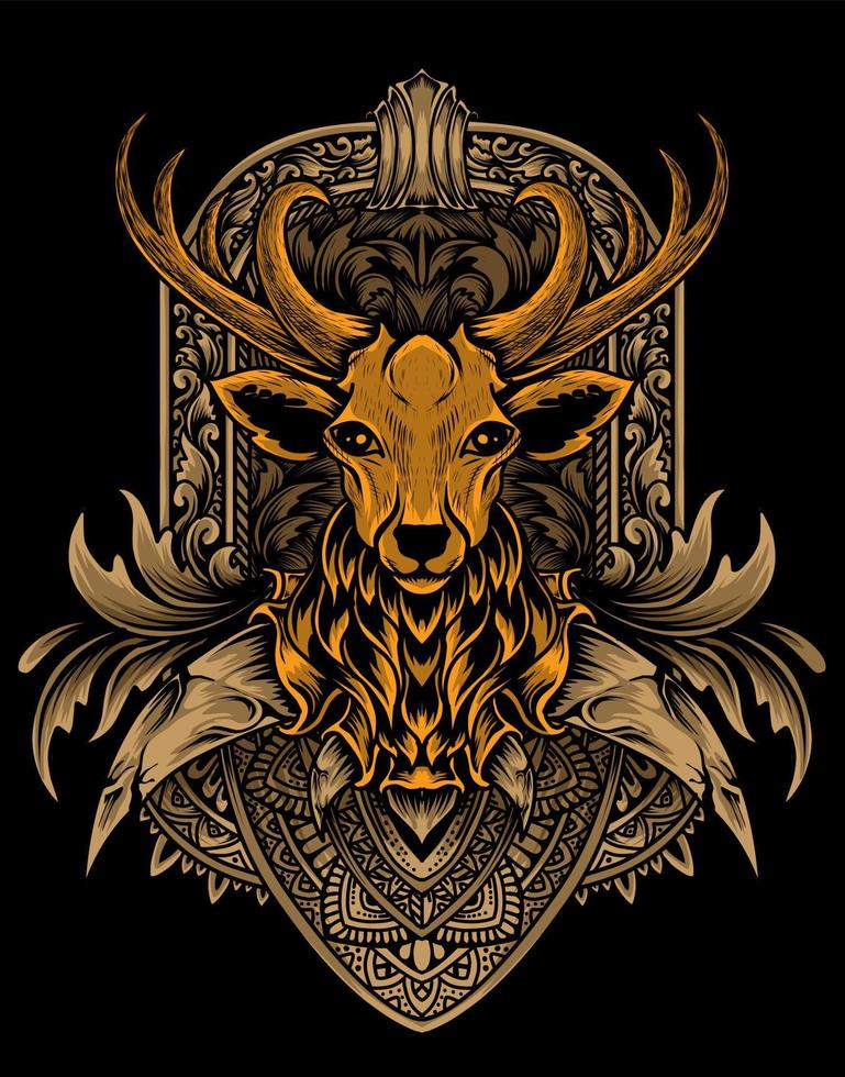 Illustration Deer head with vintage engraving ornament vector