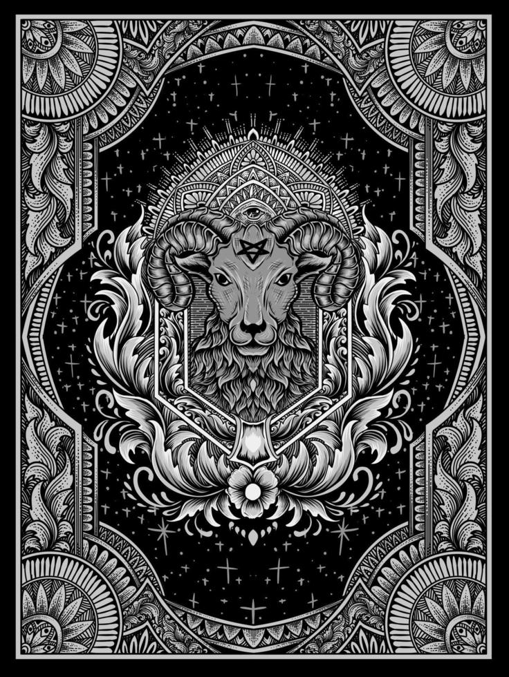 ilustración, cabra, demonio, en, vendimia, grabado, ornamento vector