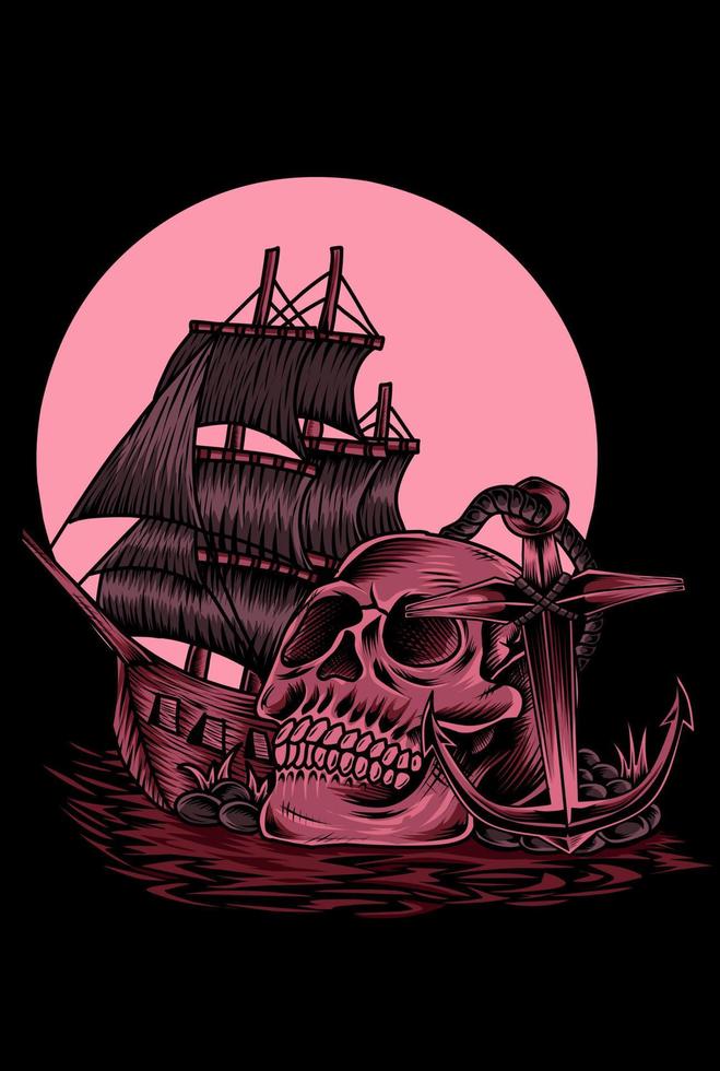 Ilustración calavera pirata con barco vector