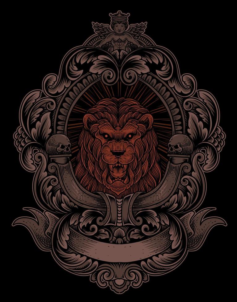 illustration vintage lion with engraving style vector