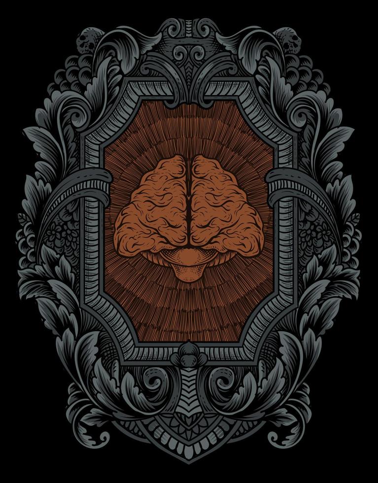 illustration antique brain with engraving style vector
