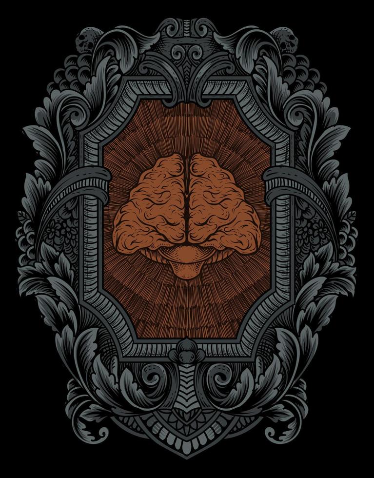 illustration antique brain with engraving style vector