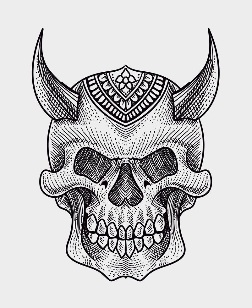 illustration demon skull with engraving style vector