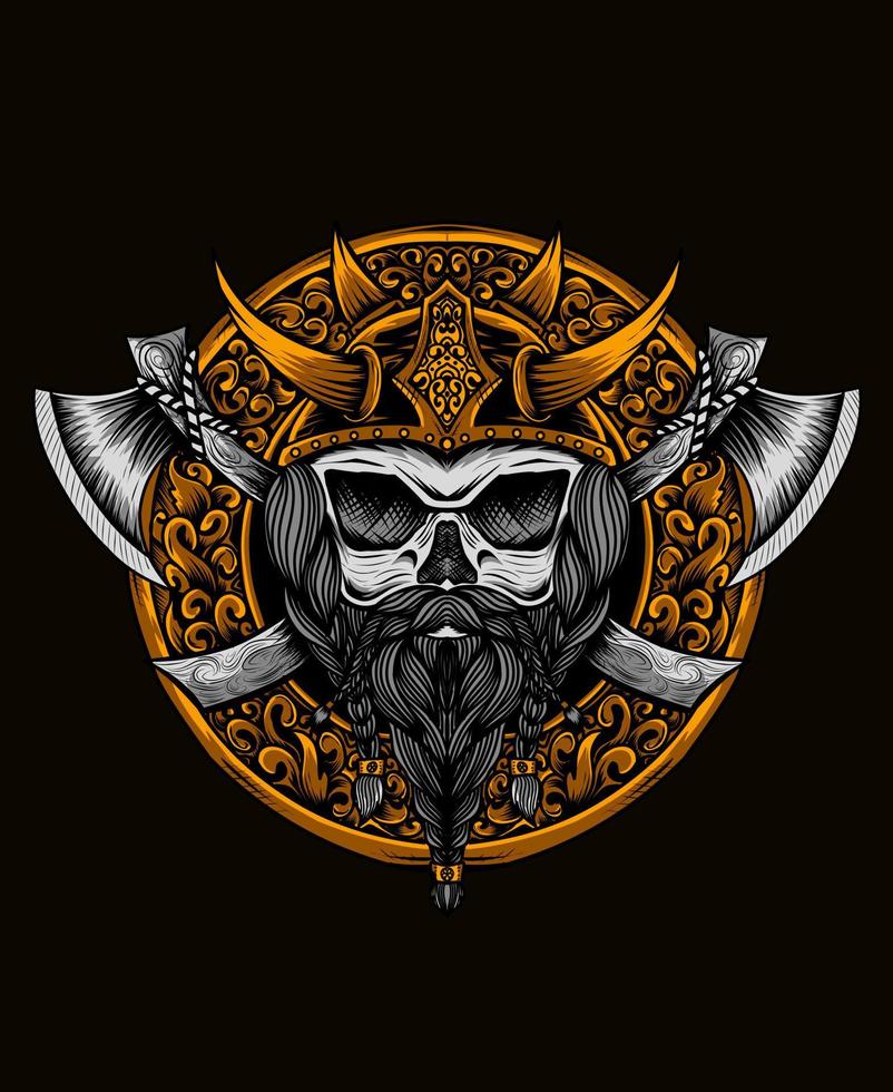 Ilustración cabeza vikinga con dos hachas vector