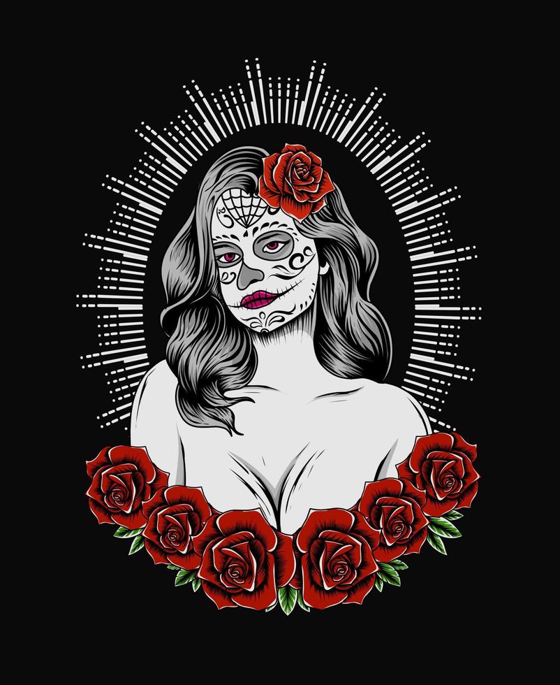 illustration sugar skull woman with rose flower vector