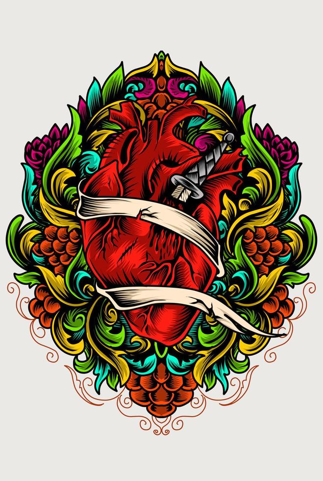 ilustración vectorial corazón humano con adornos de colores vintage vector