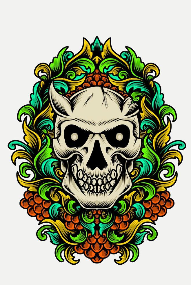 illustration vector demon skull with vintage colorful ornament