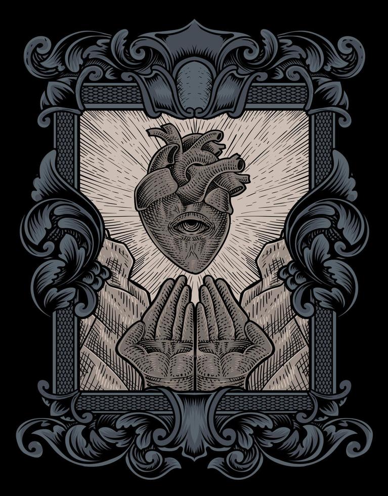 illustration antique heart with pray hand engraving style vector