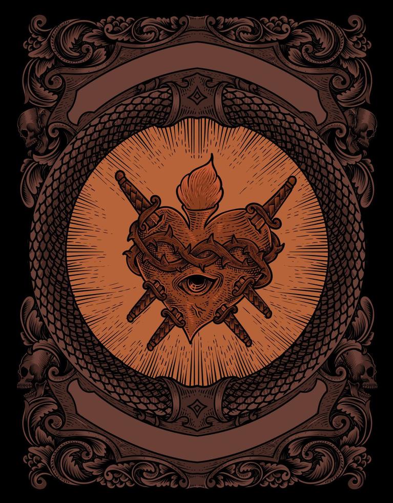 illustration antique heart attack with engraving style vector