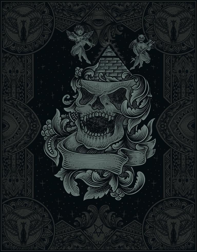 illustration skull illuminati with vintage engraving ornament vector
