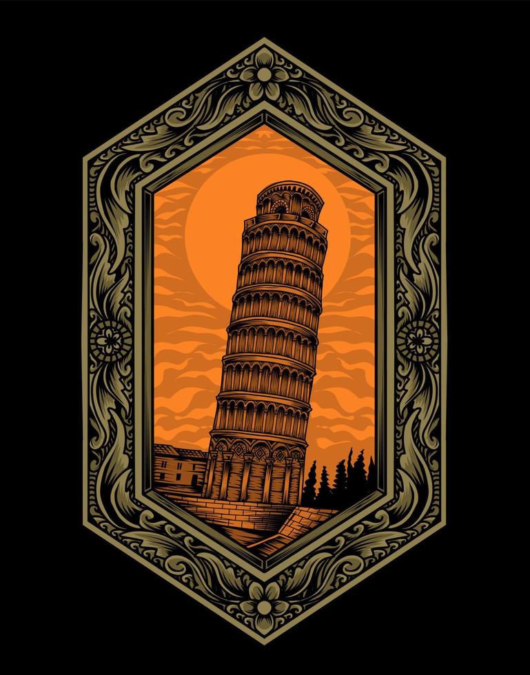Illustration Tower of pisa with vintage engraving ornament vector