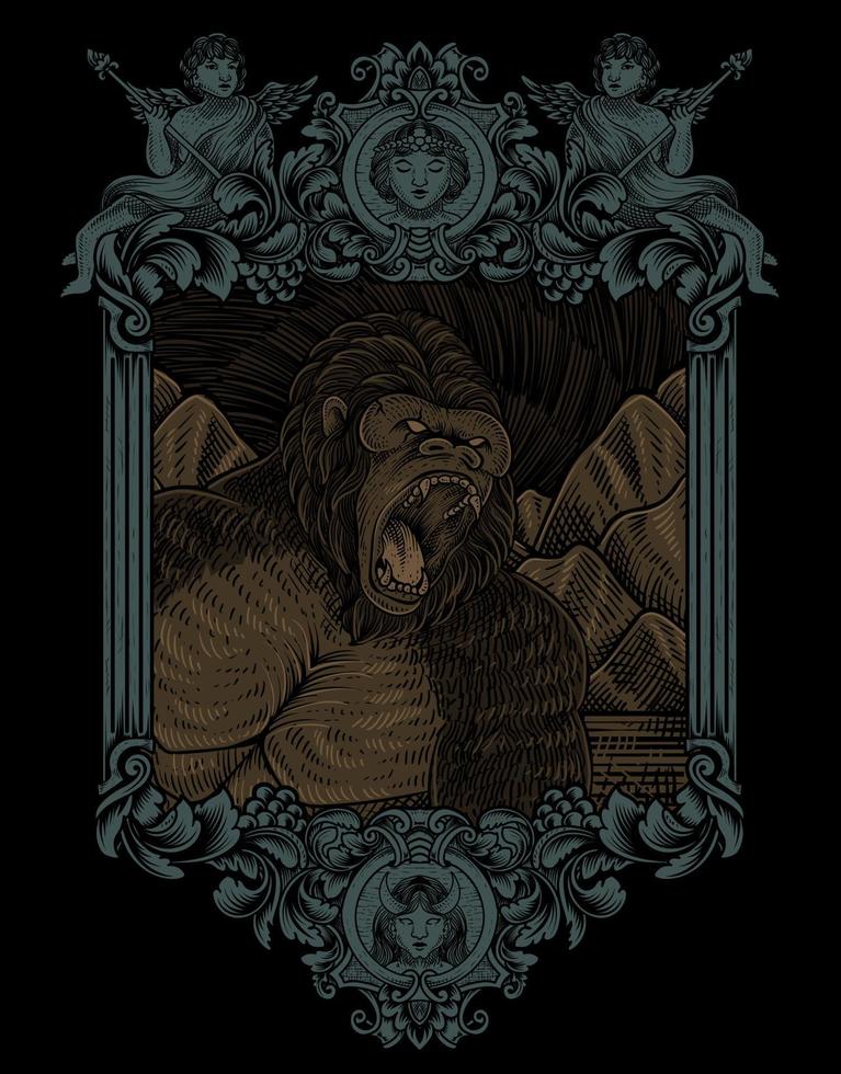 illustration vintage gorilla with engraving style vector