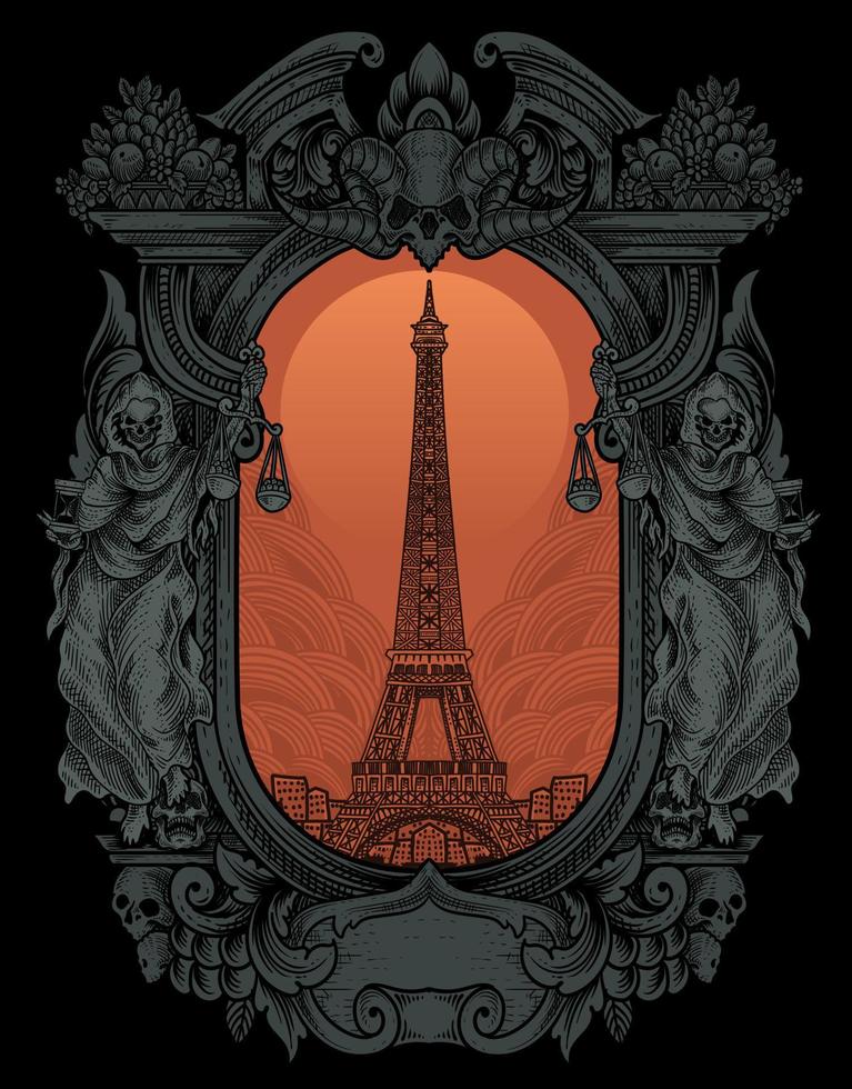 illustration retro eiffel tower with vintage style vector