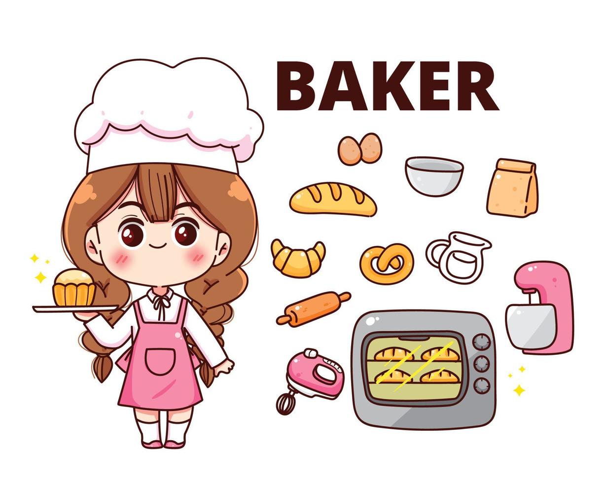 Baker equipment bakery element collection food cooking concept cartoon hand drawn cartoon art illustration vector