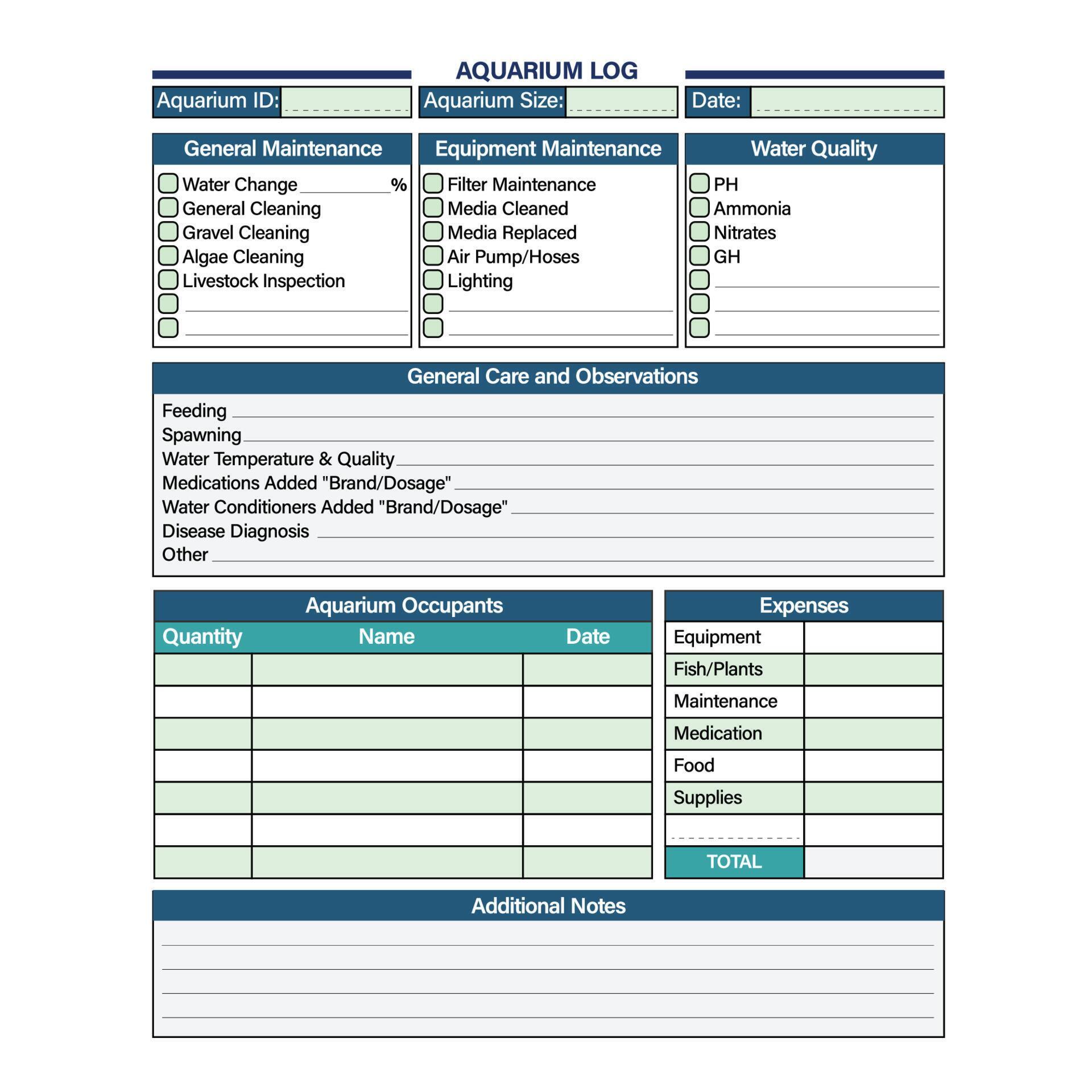 AQUARIUM LOG chart sheet design template 4782516 Vector Art at Vecteezy