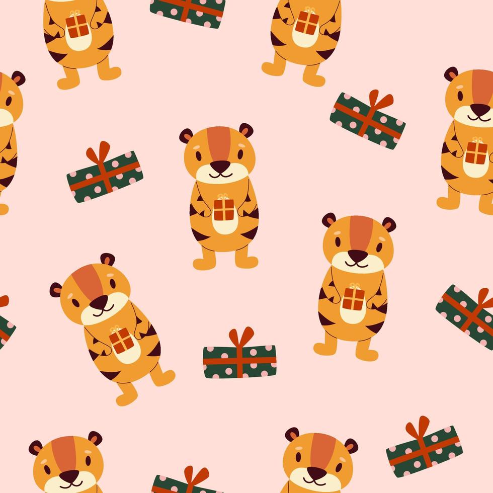 Seamless pattern with a cartoon tiger holding a gift in his paws. Vector flat illustration. Background, wallpaper, textile print, clothing