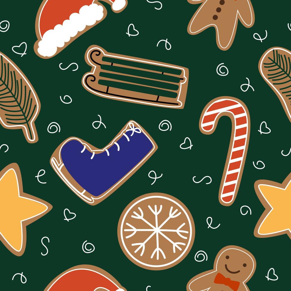 Seamless pattern with New Year's design of cookies in the form of a hat, sled, lollipop on a green background. Vector illustration flat for wrapping paper or print.