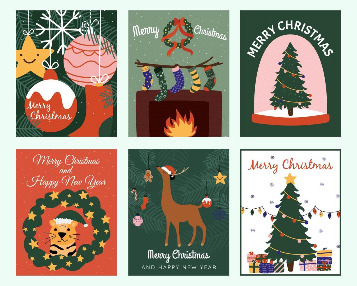 Set of six posters or greeting cards for Happy New Year or Merry Christmas. vector