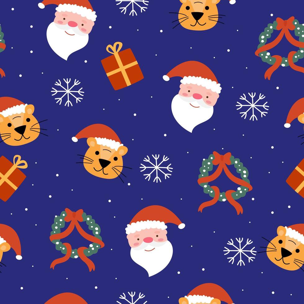 Seamless pattern with New Year tiger design and Christmas wreath on blue background. Vector illustration flat for wrapping paper or print.