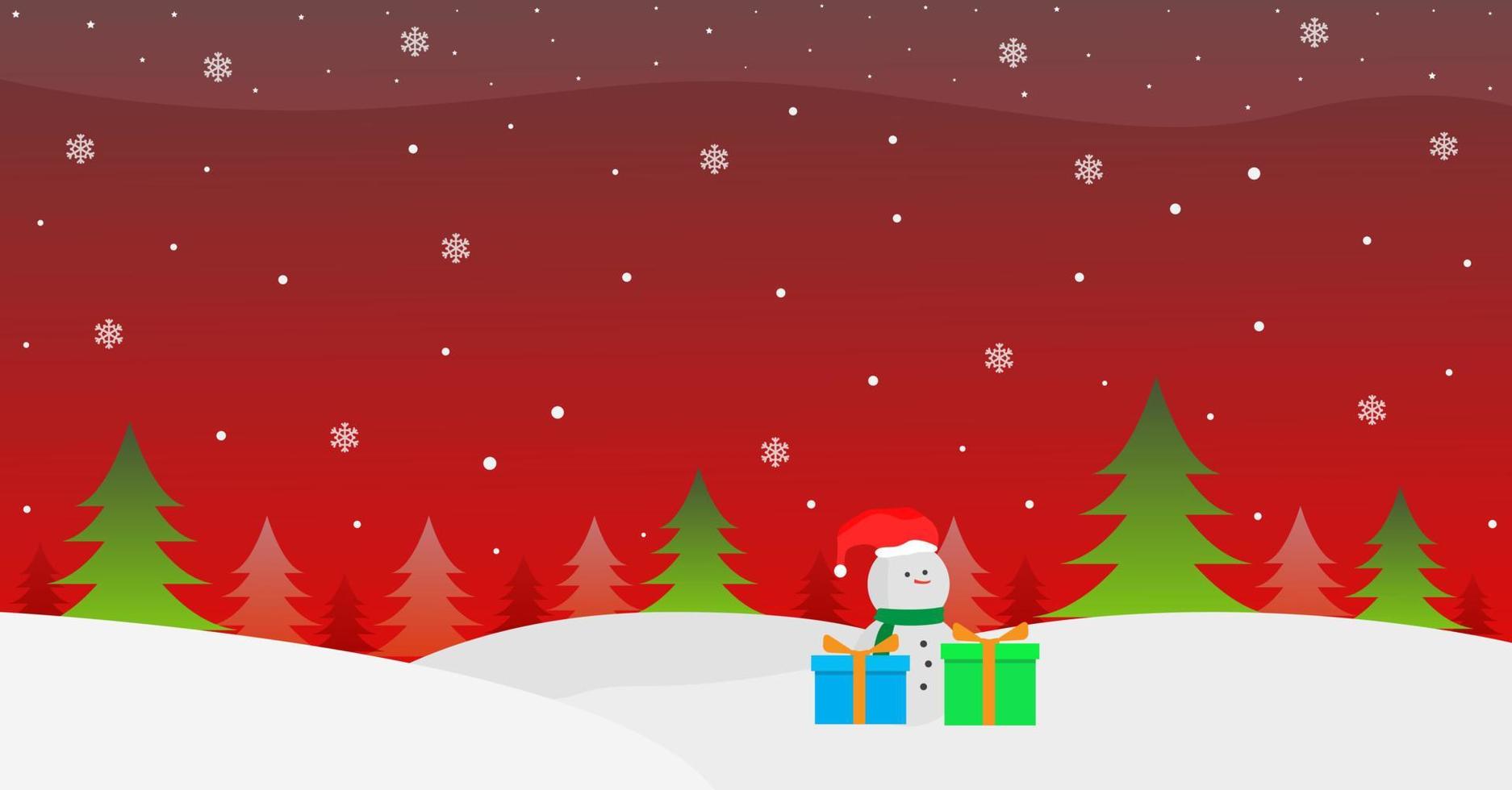 Snow with a red background as the sky and a snowman with a few gifts vector