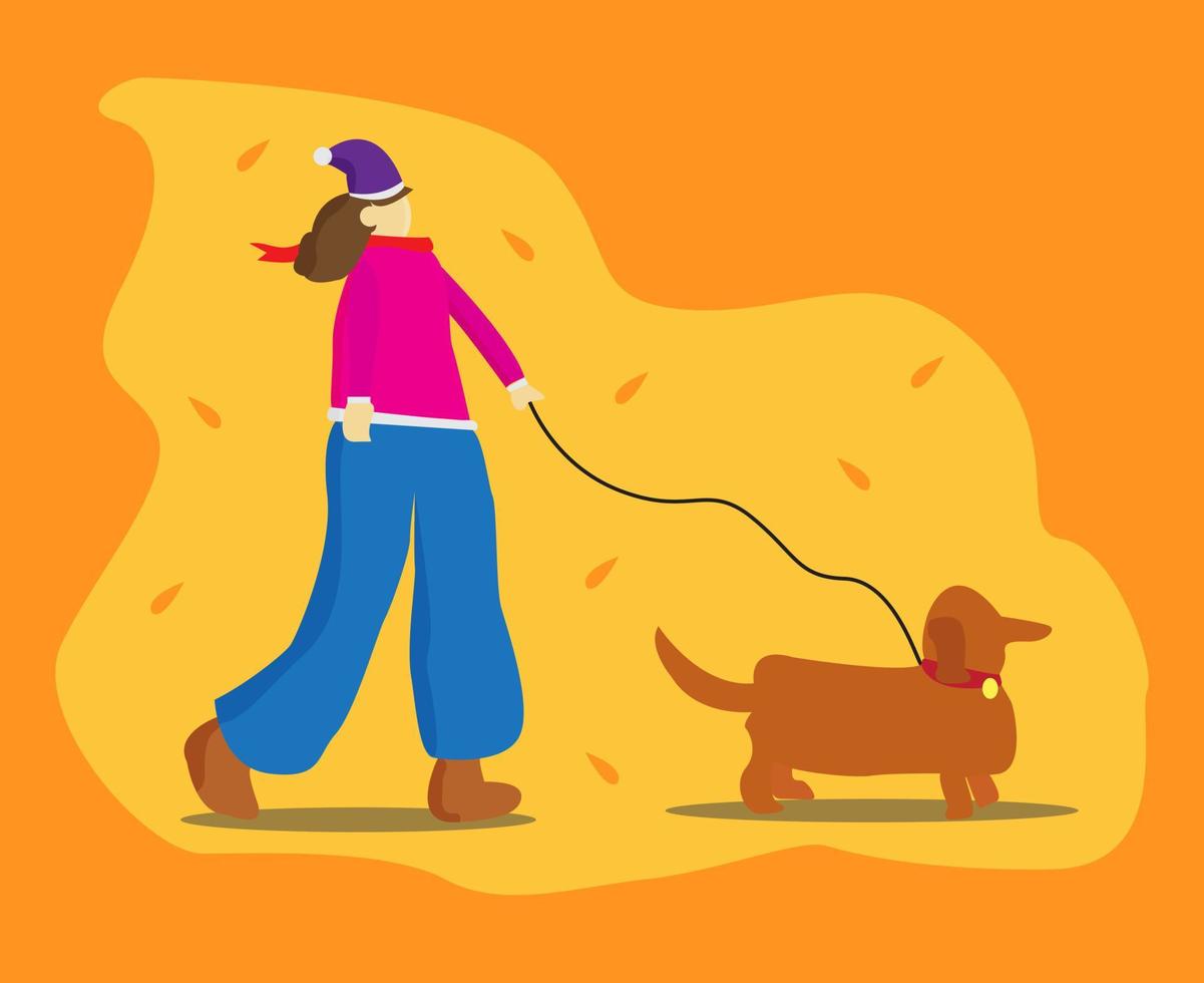 una mujer con un cachorro. personaje plano. Ilustración de personaje. vector