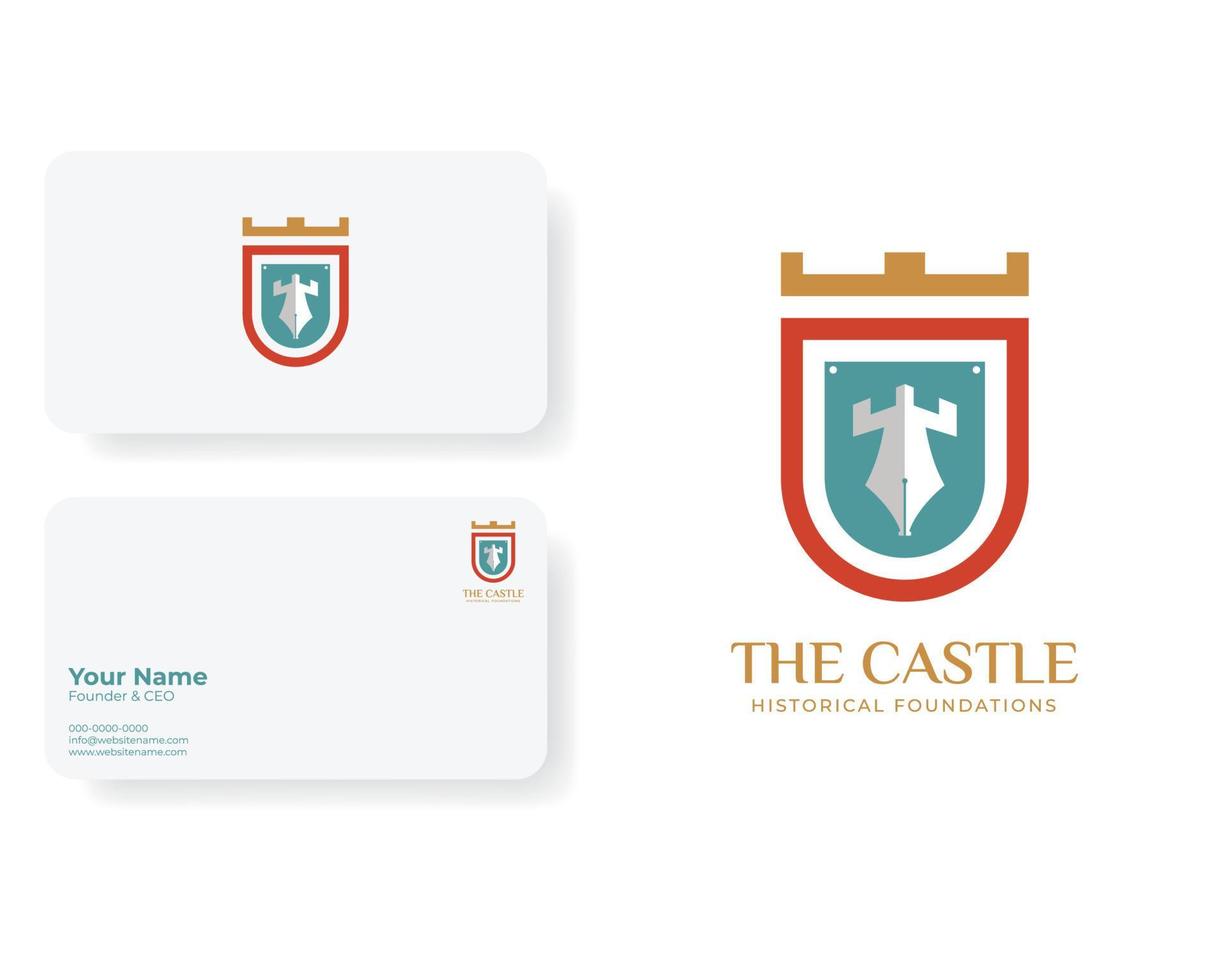 Castle Tower Logo with Pen Nib illustration Inside in Flat Design vector