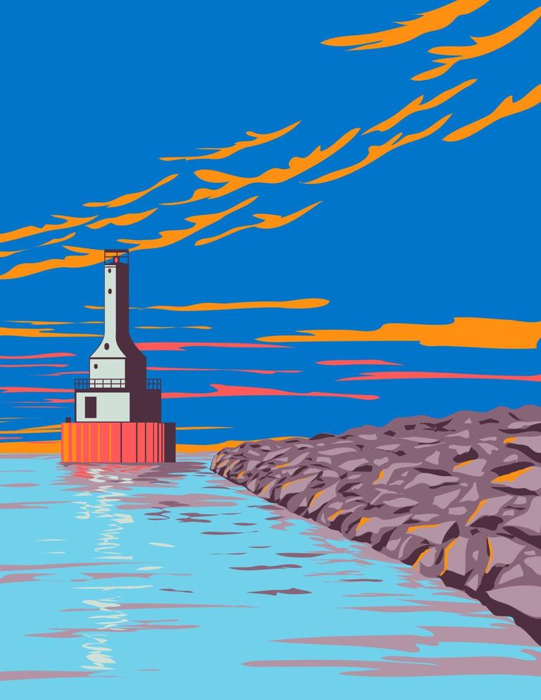 Lighthouse at Fj Mclain State Park on the Keweenaw Peninsula Houghton County Michigan USA WPA Poster Art vector