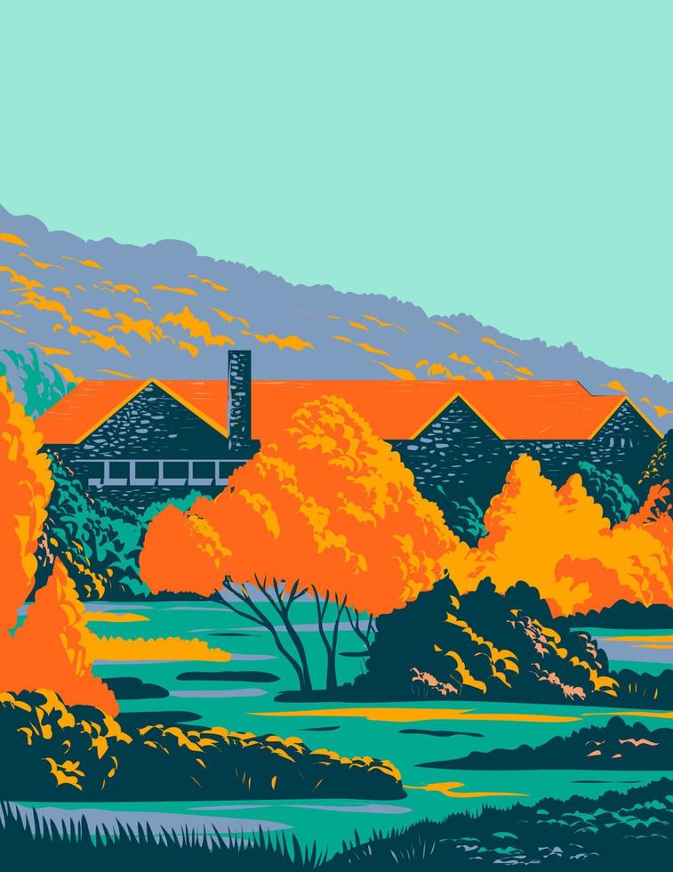 Lodge de piedra con techo rojo y árboles en el frente durante el otoño wpa poster art vector