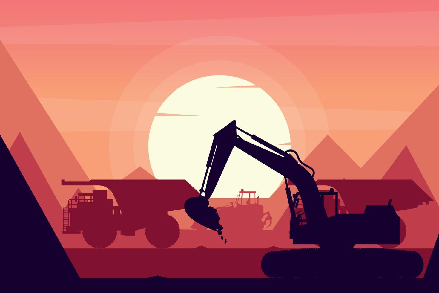 Heavy machinery with crawler loader, mining truck and excavator in a mine with sunset background vector