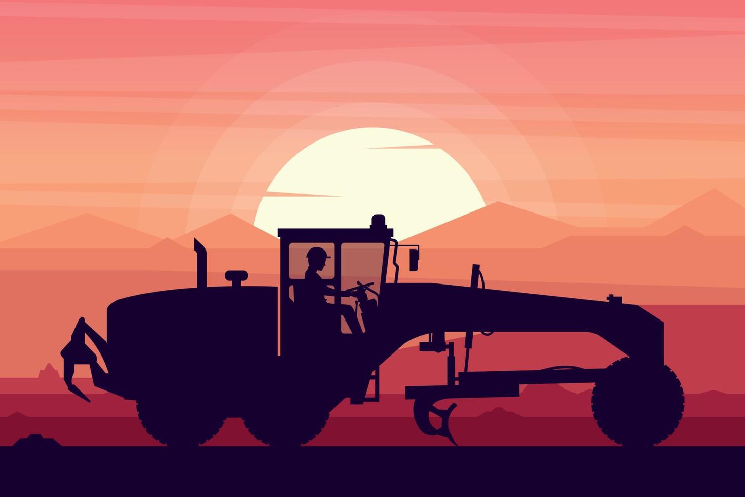 operator working with heavy motor grader machinery on sunset background vector