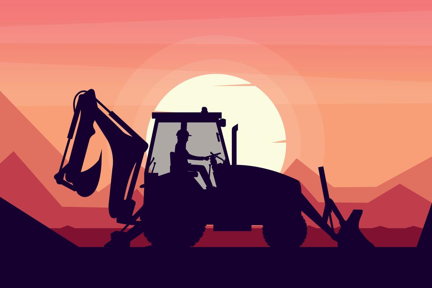 operator driving a backhoe heavy machinery with a sunset landscape in the background vector