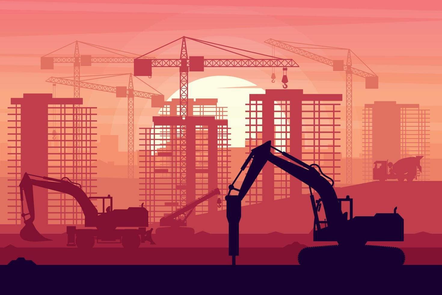 Heavy machinery of wheel excavator, concrete truck, hammer excavator and telescopic crane working on building construction with sunset background vector