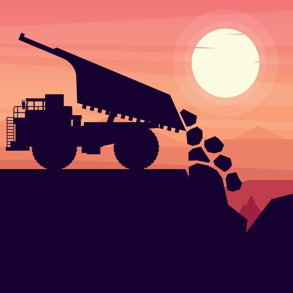 mining truck heavy machinery unloading materials in a mine with sunset background vector