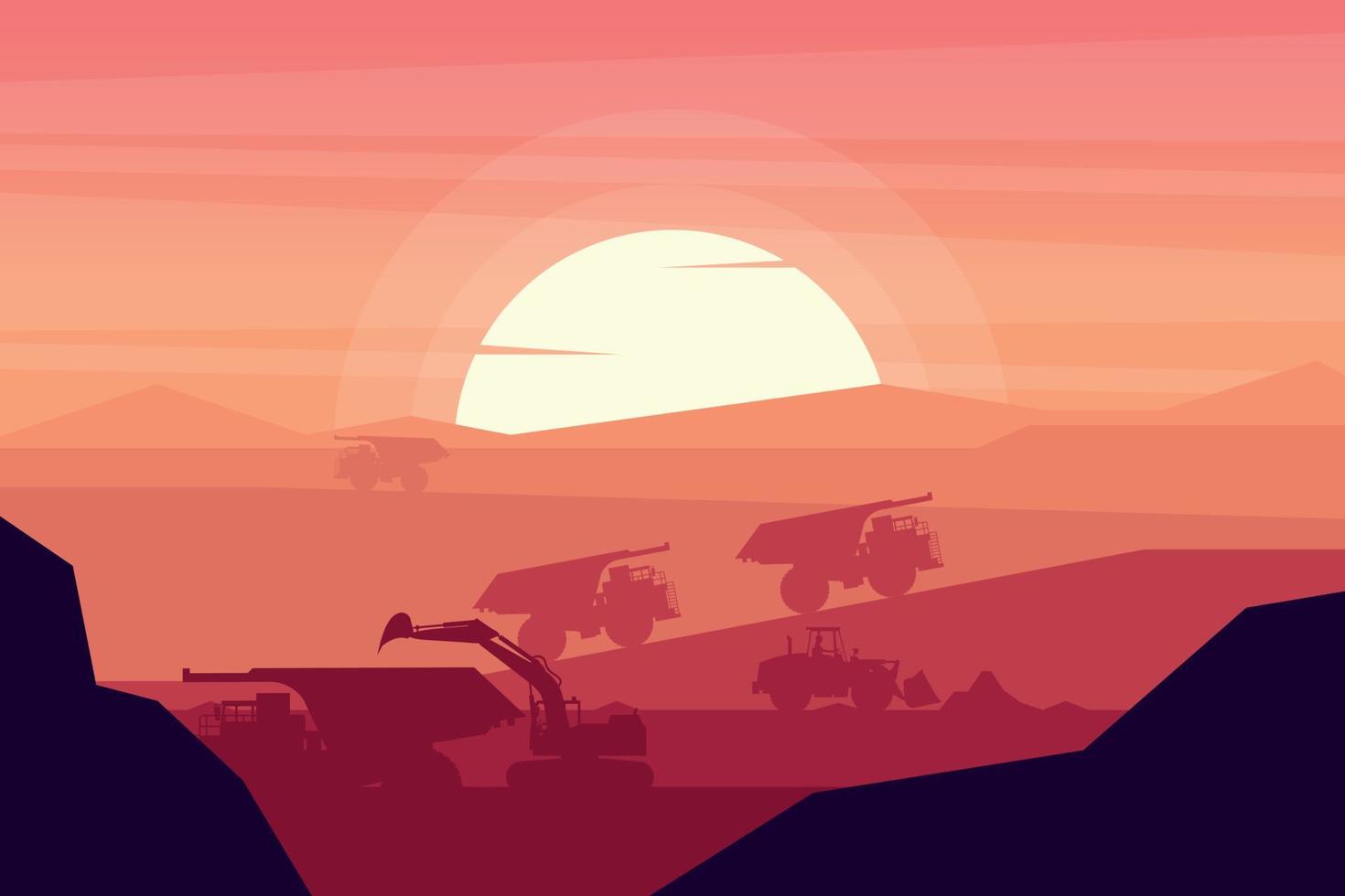 Heavy machinery of excavator, front loader and mining truck working in a mine with a sunset in the background vector