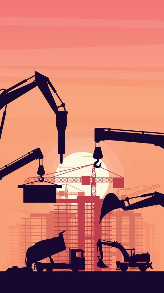 Background for mobile with heavy machinery of truck and excavator on wheels in construction of a building and sunset background vector