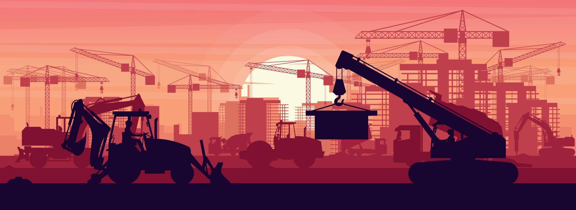 Panoramic view of heavy machinery of backhoe, soil compactor, wheel excavator, concrete truck, hammer excavator and telescopic crane for building construction vector