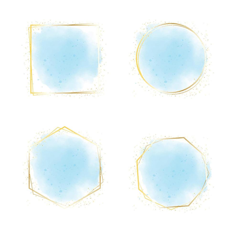 Banner de fondo de salpicaduras de acuarela azul con marco dorado y colección de brillo vector