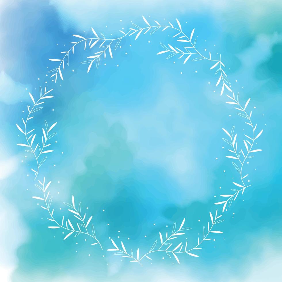 blue watercolor splash background with white wreath frame vector