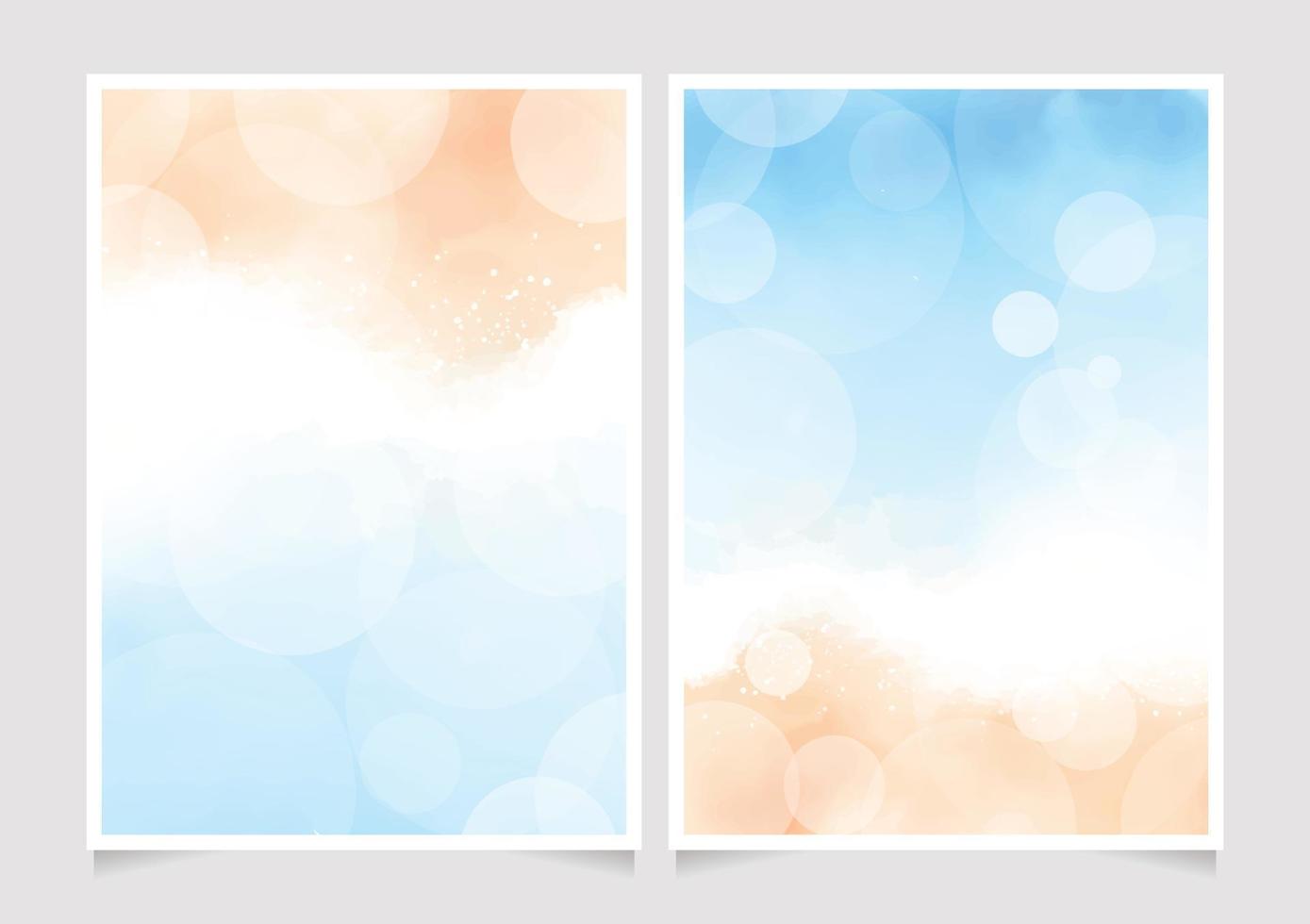 Hermosa playa de verano y acuarela de vista superior del océano azul con fondo bokeh para tarjeta de invitación de boda colección 5x7 vector