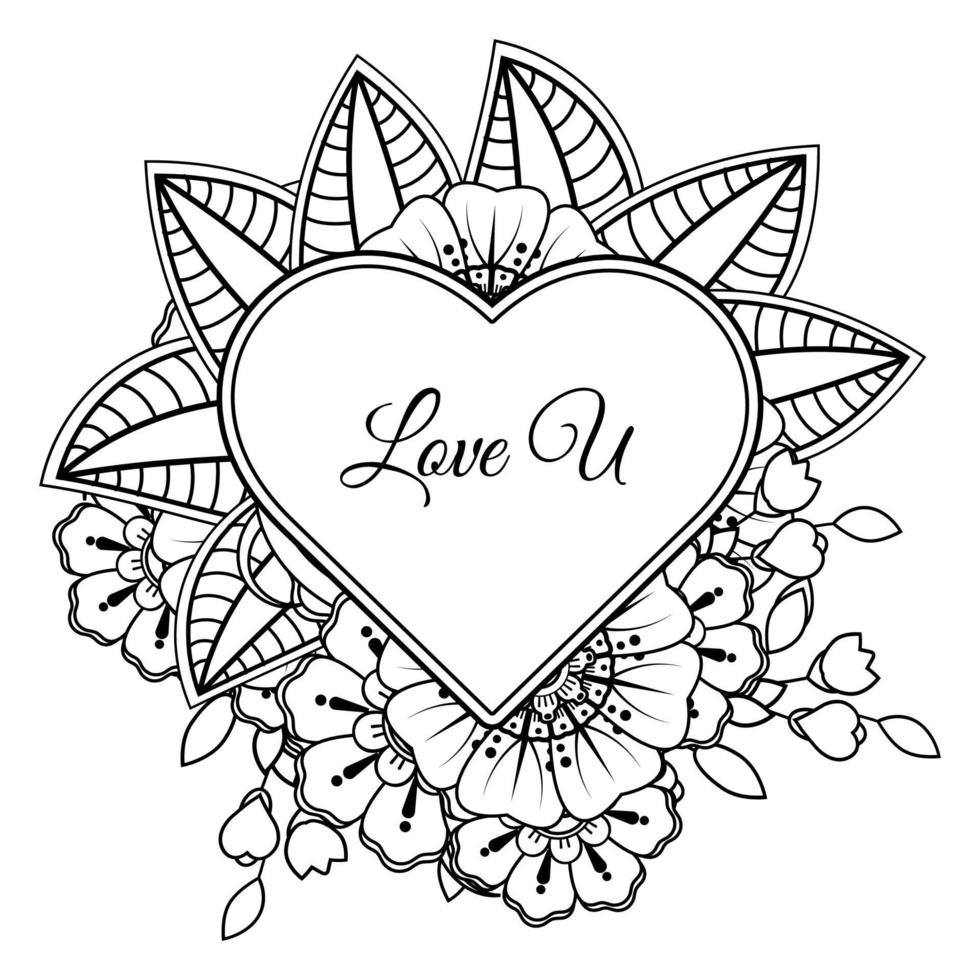 Mehndi flower with frame in shape of heart. decoration in ethnic oriental, doodle ornament. vector