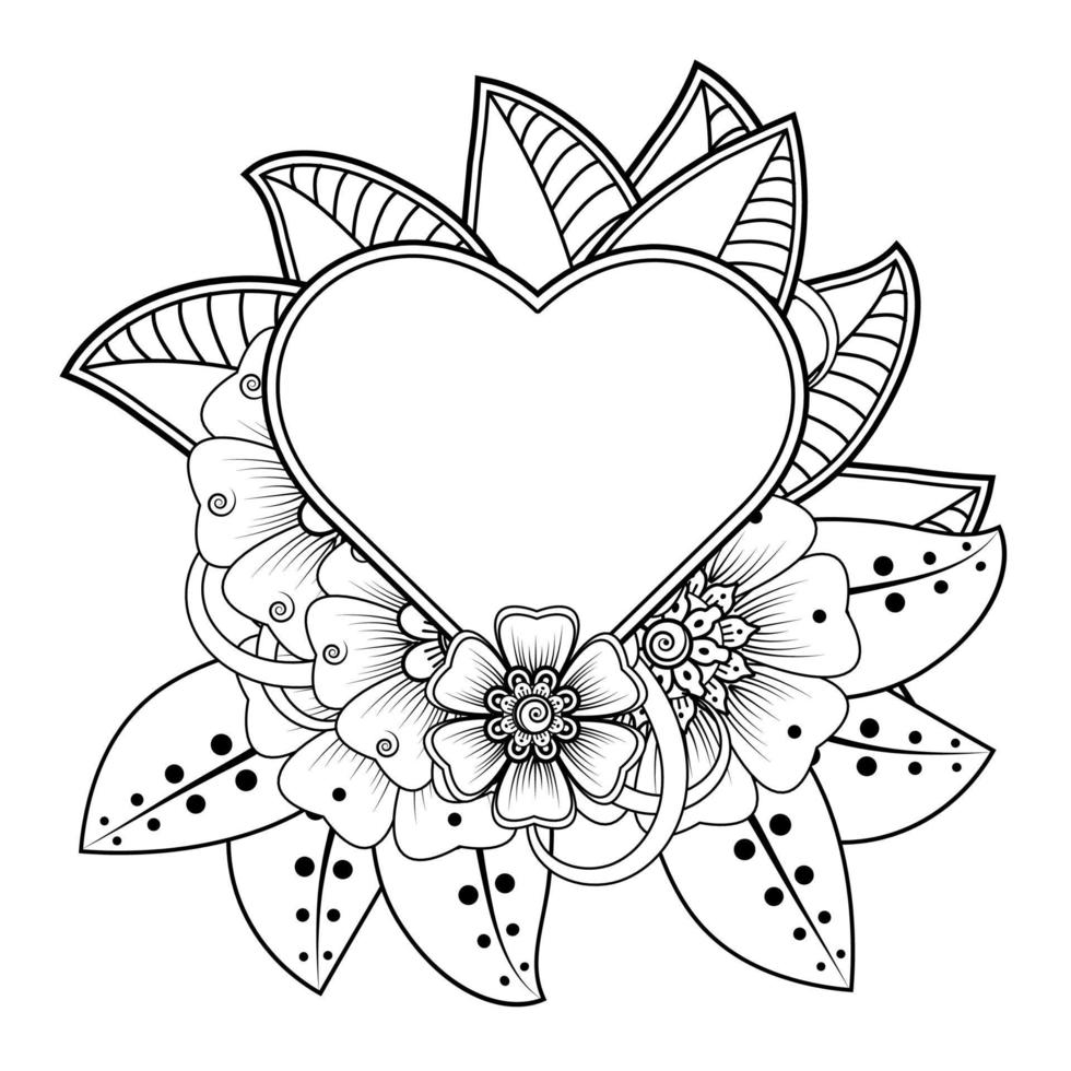 flor mehndi con marco en forma de corazón. decoración en adornos étnicos orientales, doodle. vector