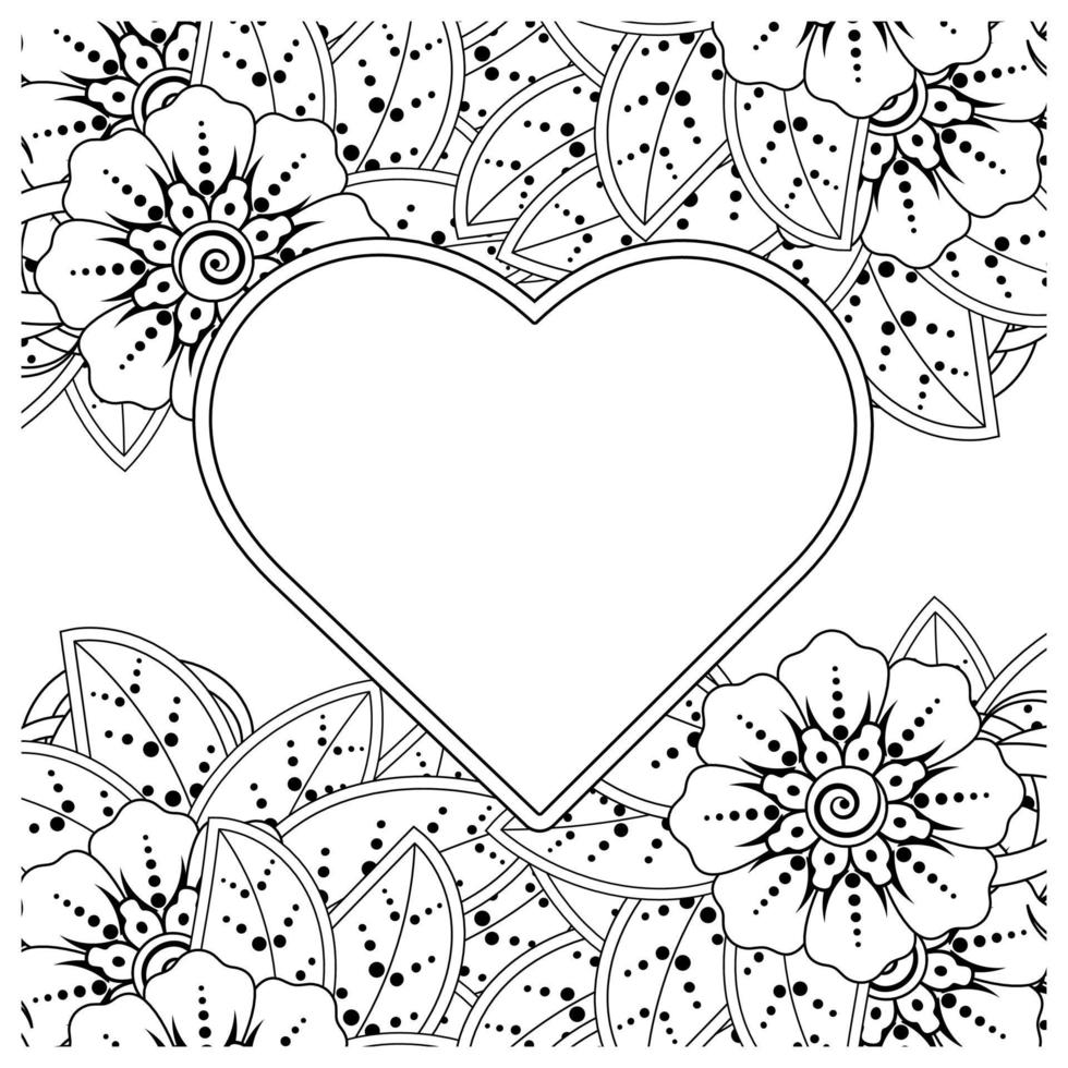 Mehndi flower with frame in shape of heart. decoration in ethnic oriental, doodle ornament. vector