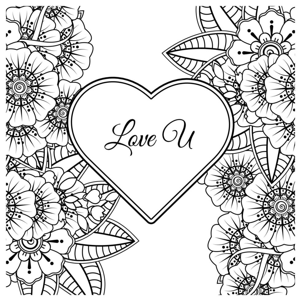 Mehndi flower with frame in shape of heart. decoration in ethnic oriental, doodle ornament. vector