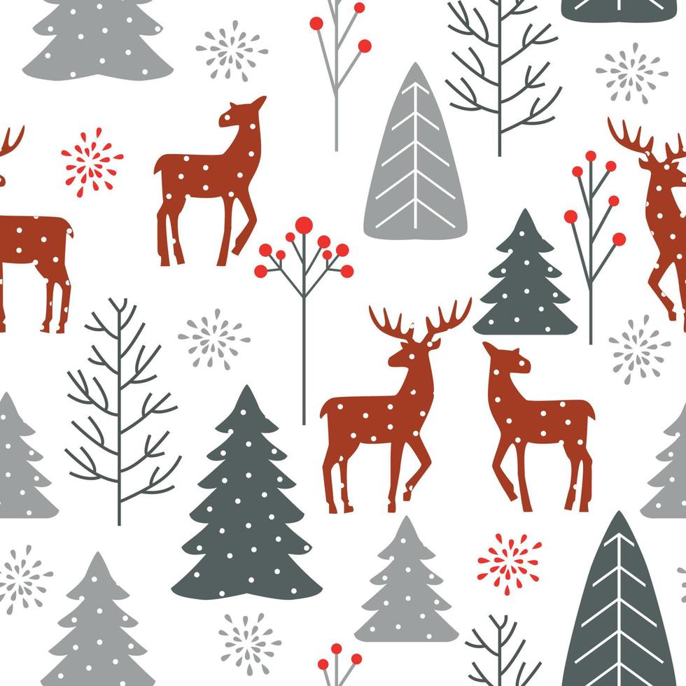 Seamless winter pattern with trees deer on white background vector