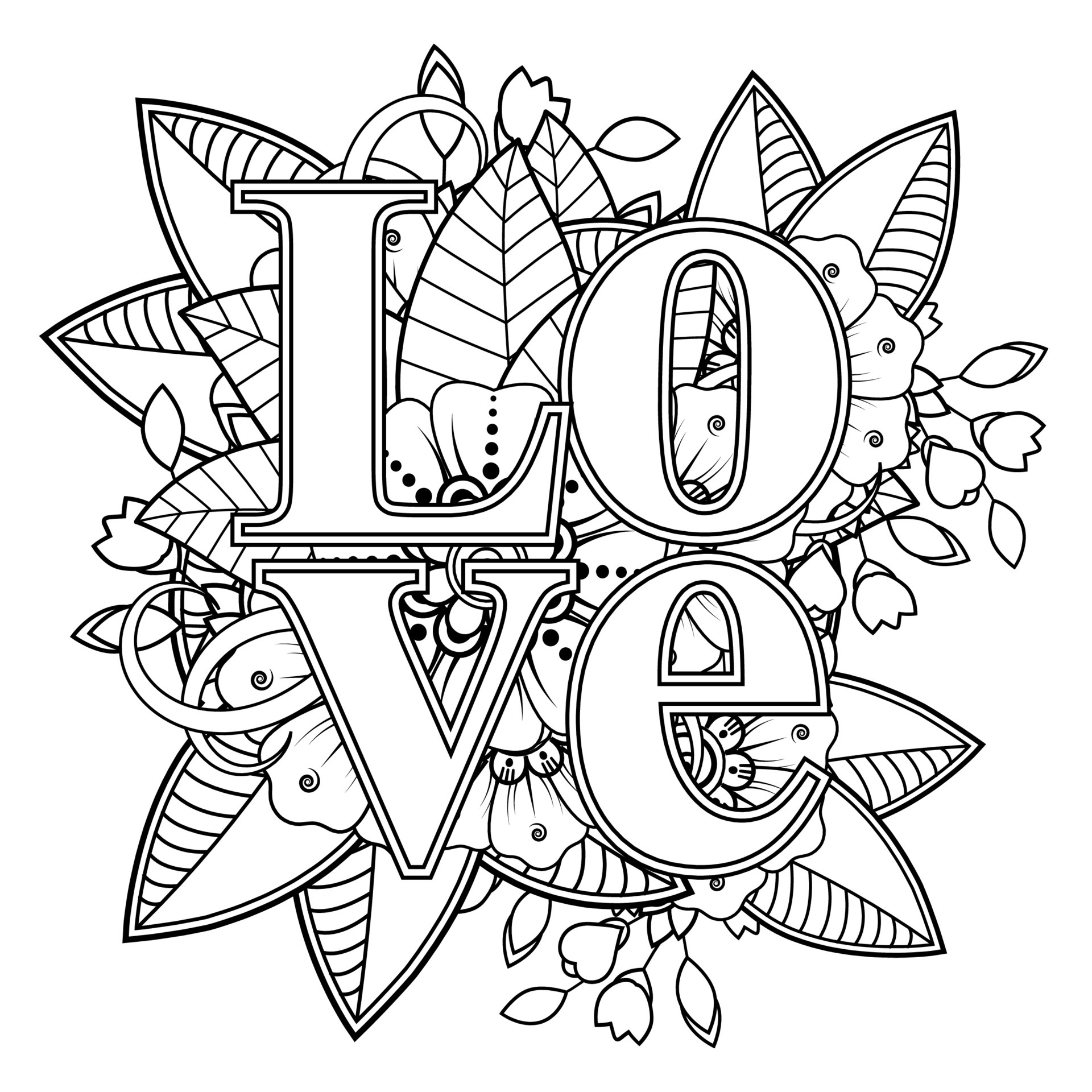 Love words with mehndi flowers for coloring book page doodle ...