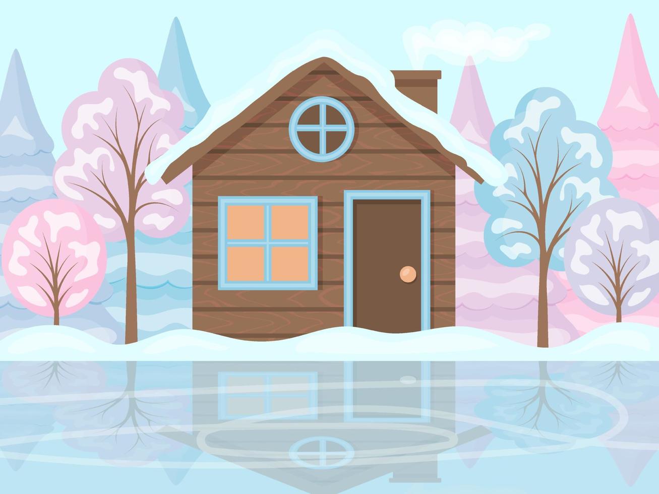 Winter landscape. A house and trees in the snow, next to a skating rink. The shore of a frozen lake. Cartoon style, Vector illustration.